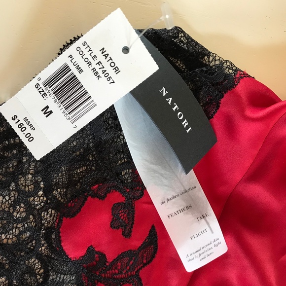 NWT NATORI JOSIE RED & BLACK LACE SEXY SILKY SATIN SHORT KIMONO ROBE - Picture 3 of 11